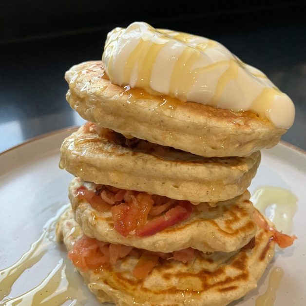 Spiced Pancakes with Apple drizzled with honey and a dollop of natural yoghurt on top.